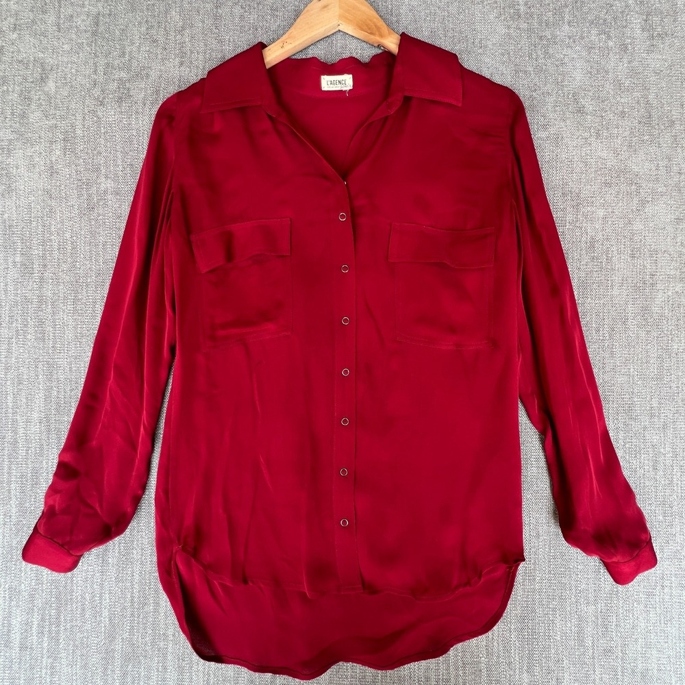 L'AGENCE Shirt Top Womens Red Long Sleeve Chest Pocket High Low Hem Snap Front